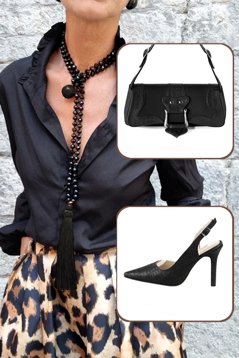 Women's satin black elegant slingback heels. Pointed toe. High slim heel - Top view